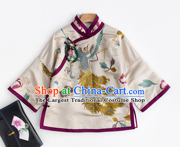 Traditional Costume Chinese Classical Blouse Tang Suit Upper Outer Garment Embroidered Phoenix White Silk Shirt