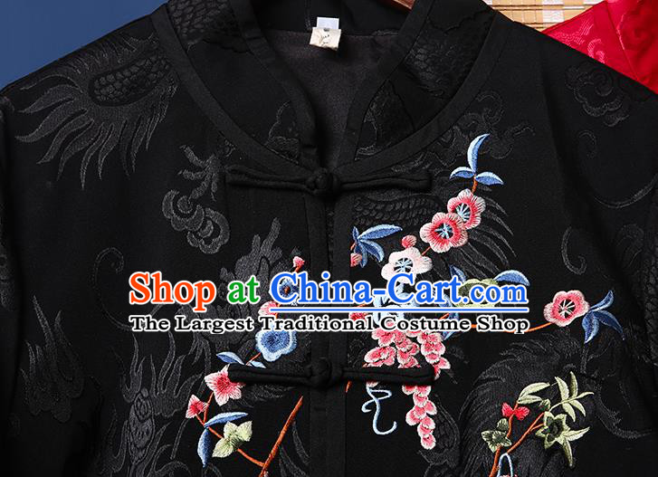 Chinese Traditional National Costume Tang Suit Outer Garment Embroidered Lotus Black Brocade Dust Coat