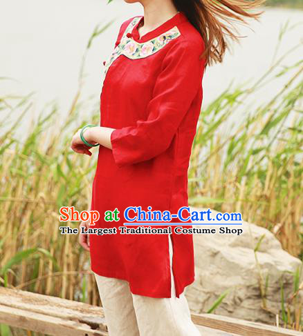 Chinese Tang Suit Embroidered Red Shirt National Upper Outer Garment Flax Costume