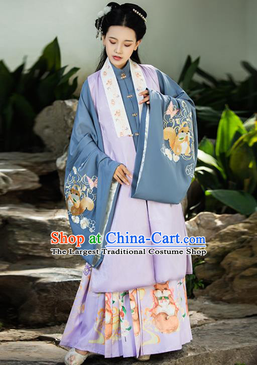 China Ancient Royal Princess Hanfu Clothing Traditional Ming Dynasty Noble Infanta Embroidered Lilac Vest Blouse and Skirt Complete Set