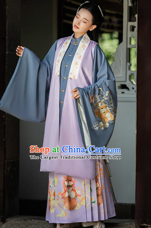 China Ancient Royal Princess Hanfu Clothing Traditional Ming Dynasty Noble Infanta Embroidered Lilac Vest Blouse and Skirt Complete Set