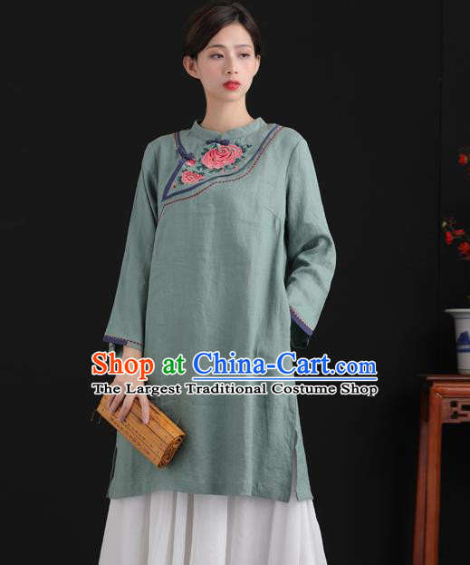 Chinese National Embroidered Green Flax Jacket Tang Suit Upper Outer Garment Women Blouse Costume