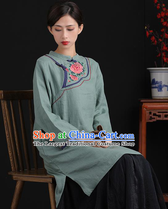 Chinese National Embroidered Green Flax Jacket Tang Suit Upper Outer Garment Women Blouse Costume
