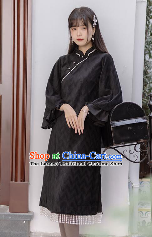 China Traditional Women Classical Dress National Wide Sleeve Cheongsam Tang Suit Black Qipao Clothing