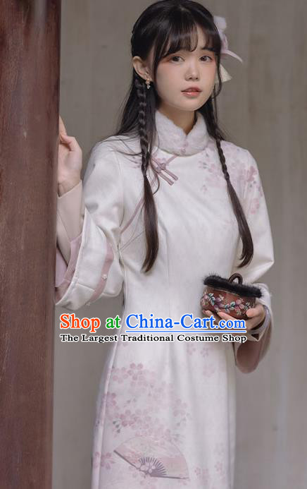 China Traditional Printing Wide Sleeve Qipao Tang Suit Clothing National Beige Cheongsam Women Classical Dress