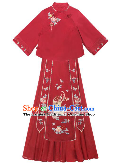 Chinese Tang Suit Wedding Costumes Traditional Xiuhe Suit Bride Red Blouse and Skirt Full Set