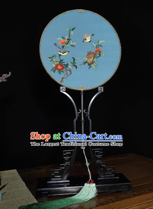China Blue Silk Fan Traditional Bamboo Fans Handmade Printing Pomegranate Bird Palace Fan