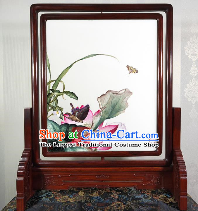 Chinese Suzhou Embroidery Lotus Desk Decoration Traditional Painting Rotating Screen Handmade Embroidered Craft