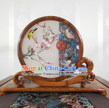 Suzhou Embroidery Craft Handmade Palisander Table Screen Chinese Embroidered Plum Birds Painting Decoration
