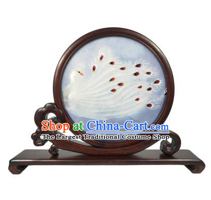 Chinese Traditional Rosewood Table Decoration Handmade Double Side Suzhou Embroidery Screen Craft Embroidered White Peacock Screen