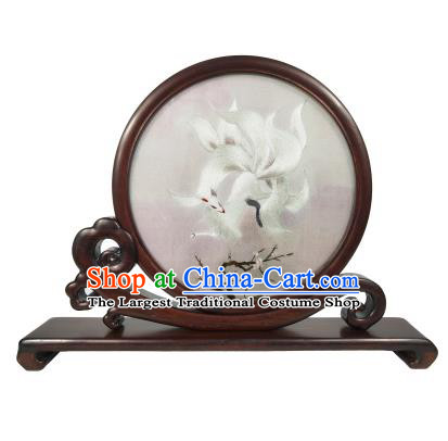 Chinese Suzhou Embroidery Nine Tail Fox Table Decoration Double Side Embroidered Screen Traditional Rosewood Screen