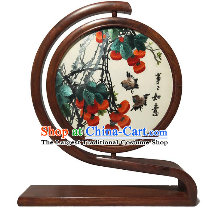 China Handmade Persimmon Painting Table Screen Traditional Double Side Embroidered Craft Rosewood Home Decoration for Gift