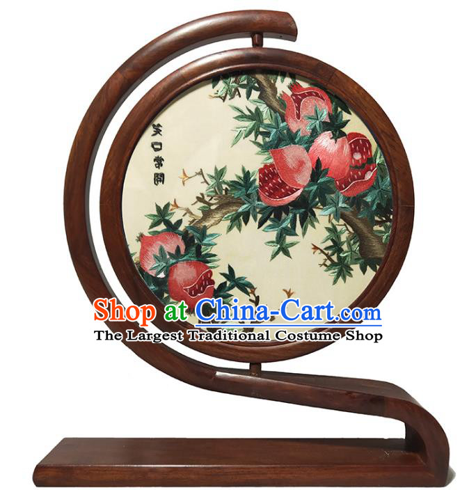 Traditional China Pomegranate Painting Table Screen Handmade Double Side Embroidered Craft