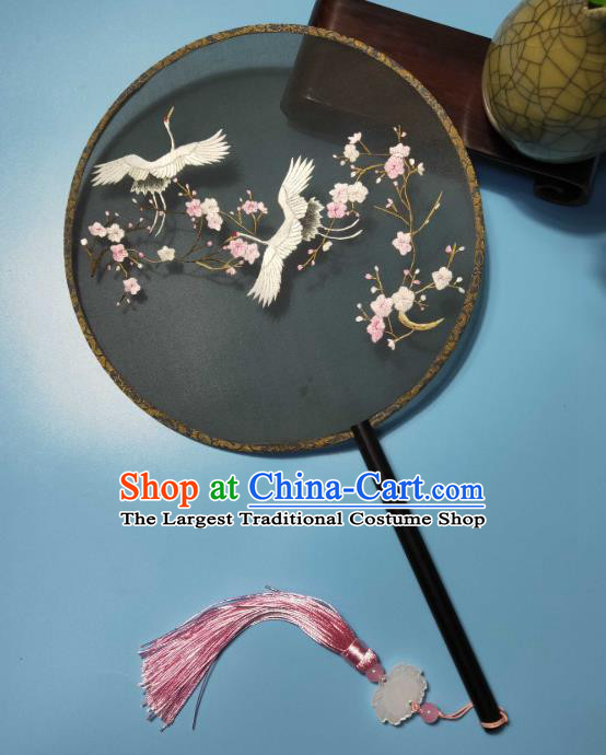 Traditional Suzhou Embroidery Black Silk Round Fan China Embroidered Fan Handmade Hanfu Show Palace Fan