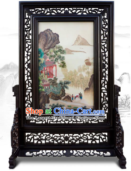 China Embroidered Landscape Painting Screen Traditional Home Furnishings Handmade Wood Carving Double Side Table Screen