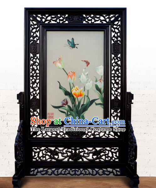 China Traditional Home Furnishings Handmade Wood Carving Double Side Table Screen Embroidered Tulip Painting Screen