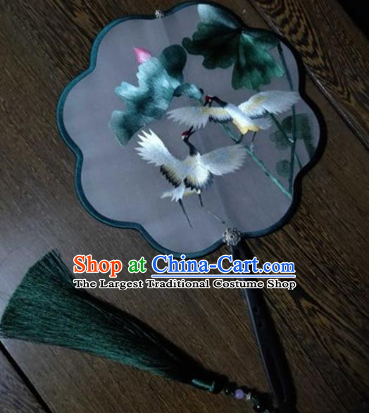 Handmade Silk Palace Fan Traditional Hanfu Classical Dance Embroidered Fan China Suzhou Embroidery Crane Lotus Fans