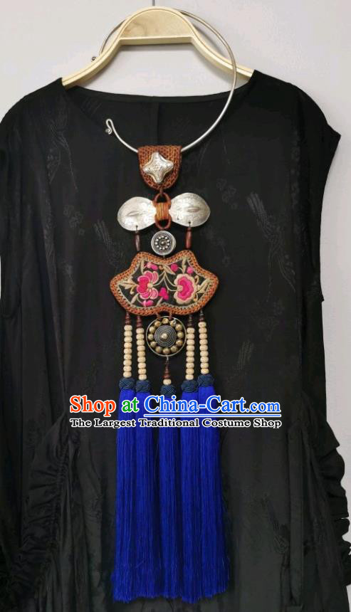 Handmade Blue Tassel Silver Necklace Traditional China Ethnic Embroidered Necklet Accessories Rattan Jewelry for Women