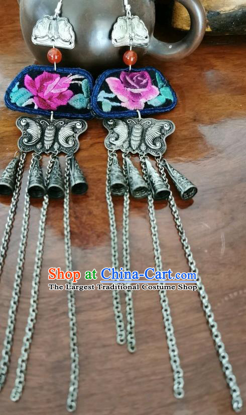 Handmade China Silver Carving Butterfly Tassel Eardrop Traditional Accessories Ethnic Embroidered Rose Earrings for Women