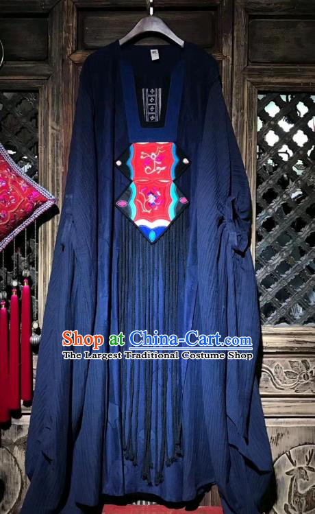 Chinese Traditional Minority Women Embroidery Navy Robe Costume Embroidered Dress National Clothing