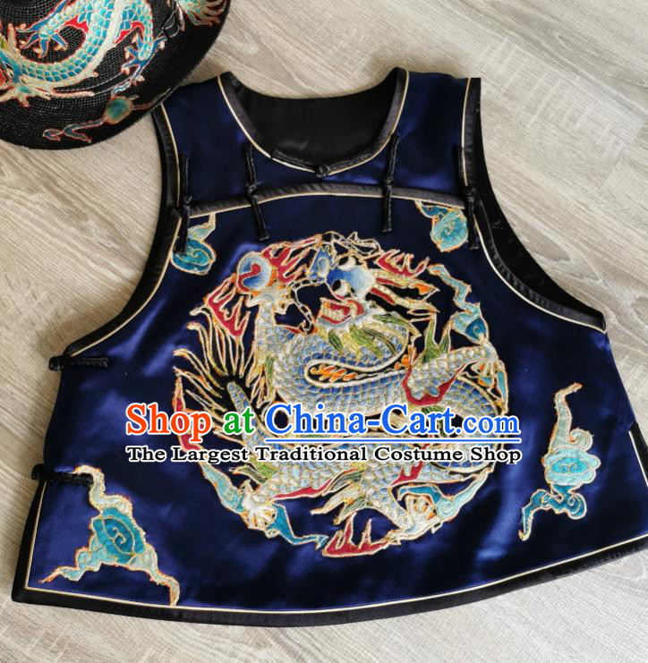 Top Grade China Tang Suit Embroidered Dragon Navy Silk Vest Traditional Waistcoat Winter Upper Outer Garment