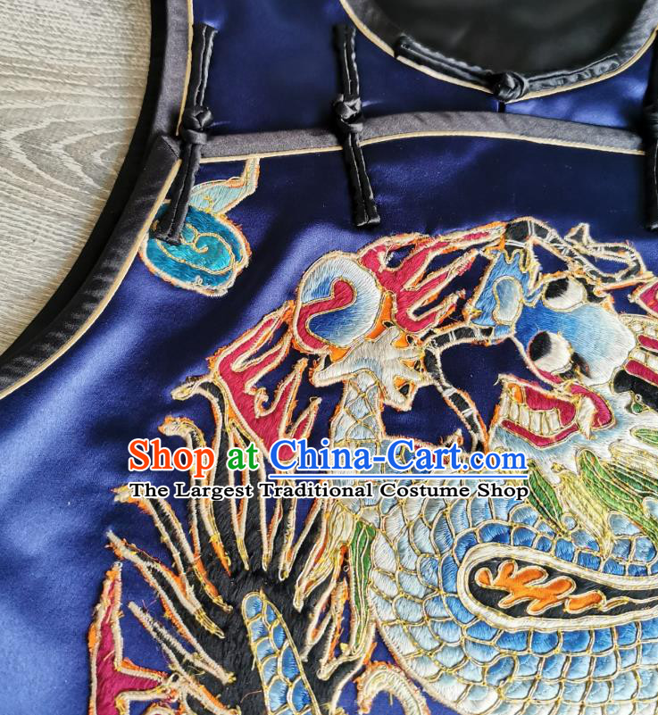 Top Grade China Tang Suit Embroidered Dragon Navy Silk Vest Traditional Waistcoat Winter Upper Outer Garment