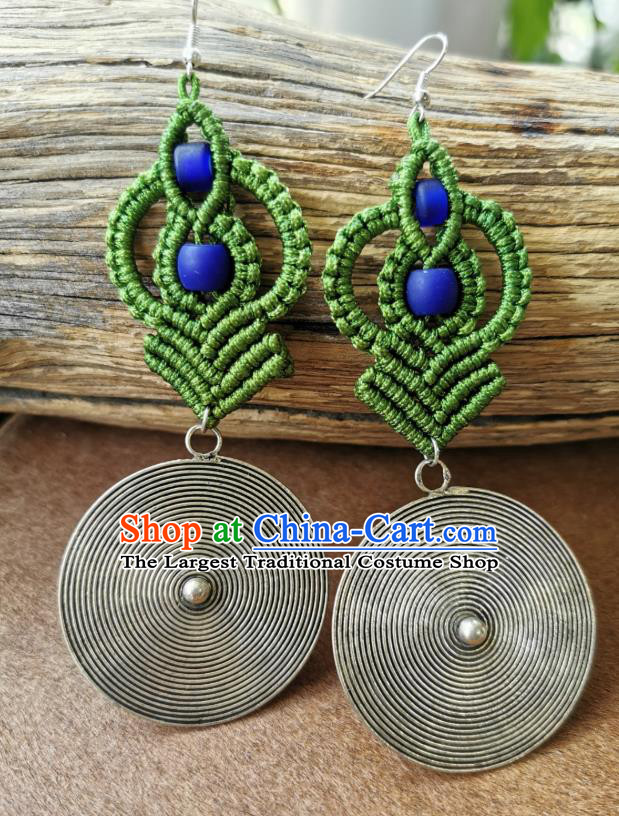 Handmade China Traditional Green Sennit Earrings Miao Ethnic Silver Ear Accessories for Women