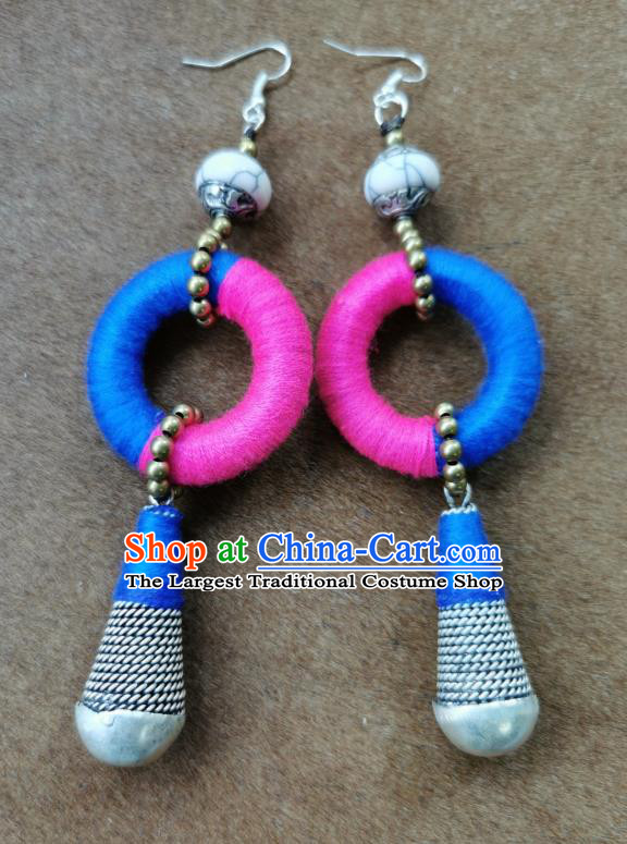 Handmade China National Yarn Earrings Traditional Miao Ethnic Silver Eardrop Ear Accessories for Women