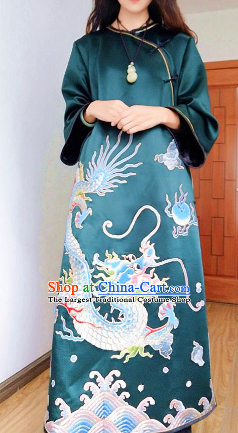 Chinese Embroidered Deep Green Silk Qipao Dress Traditional Women National Cheongsam Clothing