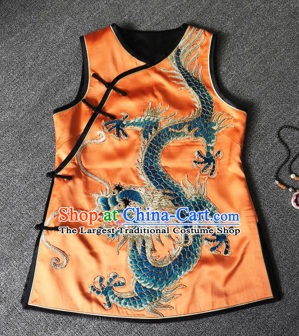 China Traditional Tang Suit Upper Outer Garment Women Waistcoat National Embroidered Dragon Orange Silk Vest