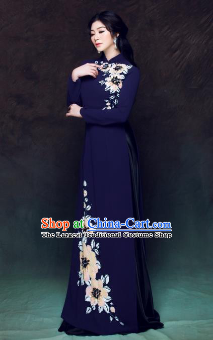 Asian Vietnam Classical Peony Pattern Ao Dai Qipao Traditional Vietnamese Cheongsam Costumes Navy Dress and Loose Pants for Women