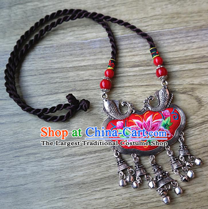 Handmade China National Silver Fish Jewelry Accessories Ethnic Embroidered Lotus Necklace Longevity Lock