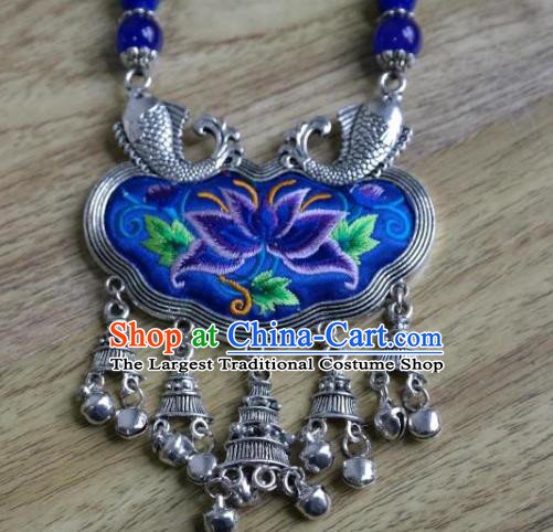 Handmade China National Silver Longevity Lock Ethnic Jewelry Accessories Embroidered Lotus Royalblue Silk Necklace