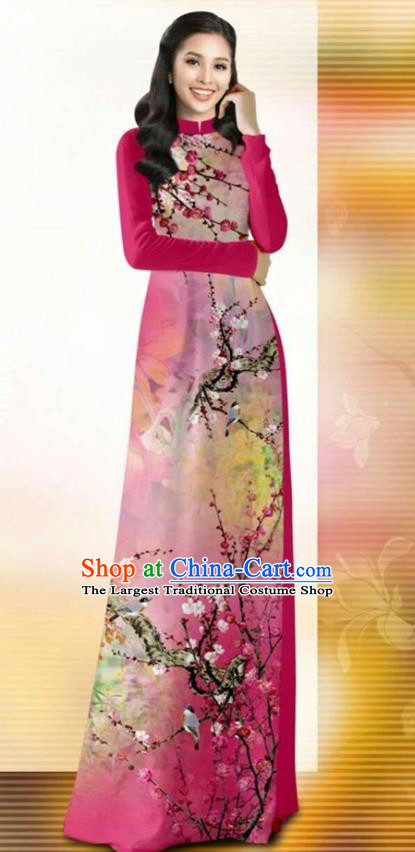 Asian Vietnam Classical Plum Blossom Pattern Ao Dai Qipao Traditional Vietnamese Costumes Rosy Cheongsam Dress and Pants for Women