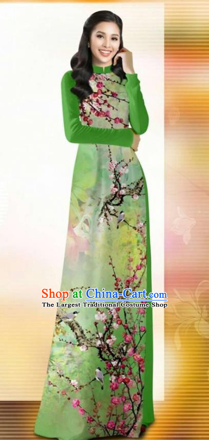Asian Vietnam Classical Plum Blossom Pattern Ao Dai Qipao Traditional Vietnamese Costumes Green Cheongsam Dress and Pants for Women