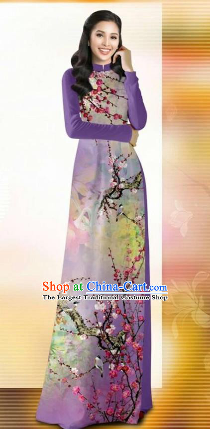 Asian Vietnam Classical Plum Blossom Pattern Ao Dai Qipao Traditional Vietnamese Costumes Lilac Cheongsam Dress and Pants for Women