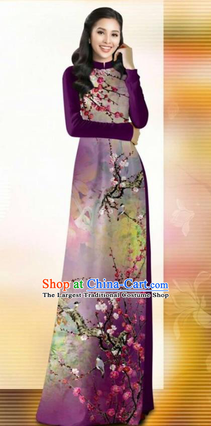 Asian Vietnam Classical Plum Blossom Pattern Ao Dai Qipao Traditional Vietnamese Costumes Purple Cheongsam Dress and Pants for Women