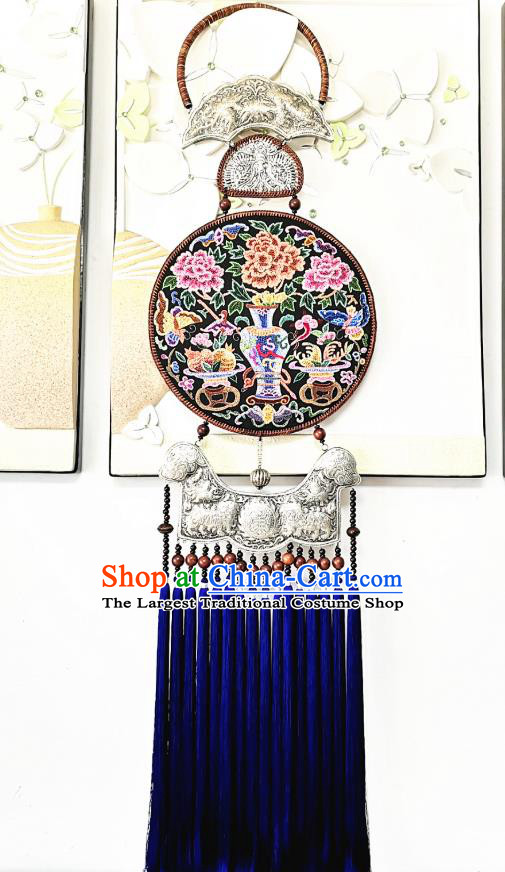 China Miao Ethnic Silver Carving Royalblue Tassel Pendant National Embroidered Accessories