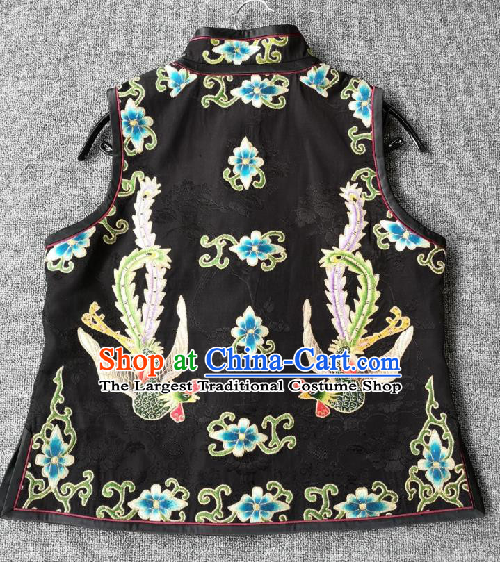 China National Black Silk Vest Women Embroidered Waistcoat Traditional Tang Suit Upper Outer Garment