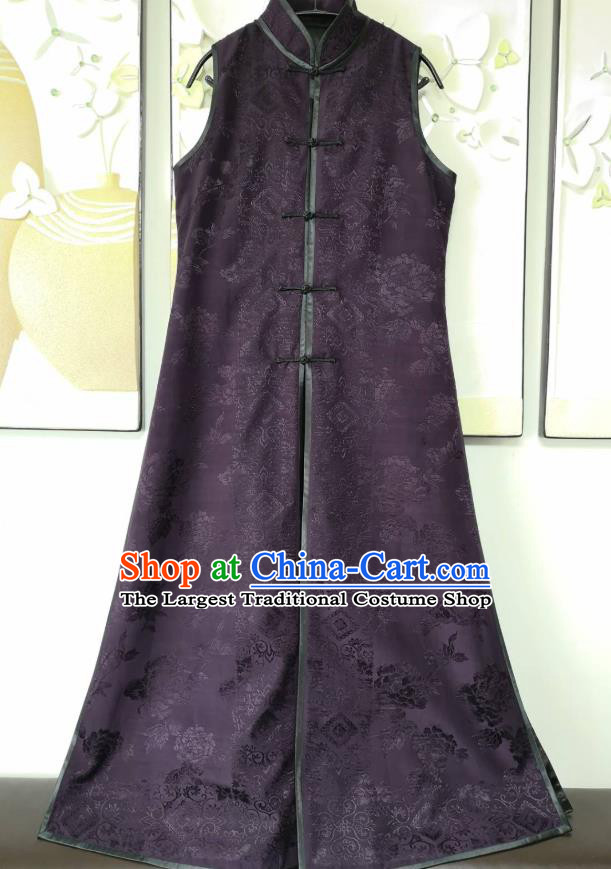China National Deep Purple Satin Long Vest Women Classical Peony Pattern Waistcoat Dress Traditional Tang Suit Clothing