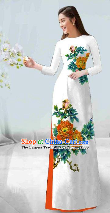 Asian Vietnam Classical Orange Peony Pattern Ao Dai Qipao Traditional Vietnamese Costumes Cheongsam Dress and Loose Pants for Women