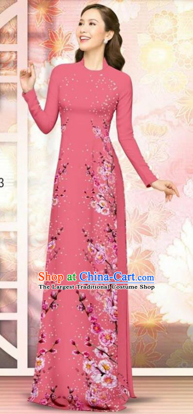 Asian Vietnam Pink Cheongsam Dress and Pants Traditional Vietnamese Costumes Classical Plum Blossom Pattern Ao Dai Qipao for Women