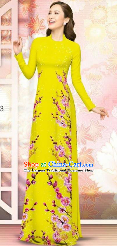 Asian Vietnam Yellow Cheongsam Dress and Pants Traditional Vietnamese Costumes Classical Plum Blossom Pattern Ao Dai Qipao for Women