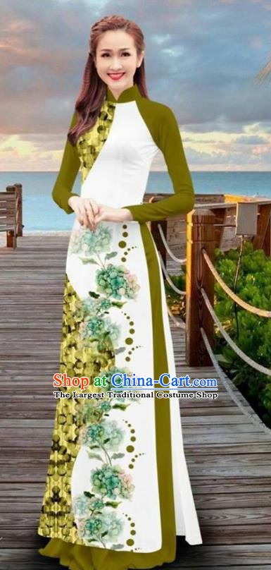 Asian Vietnam Printing Flowers Cheongsam Dress and Pants Traditional Vietnamese Costumes Classical Olive Green Ao Dai Qipao for Women