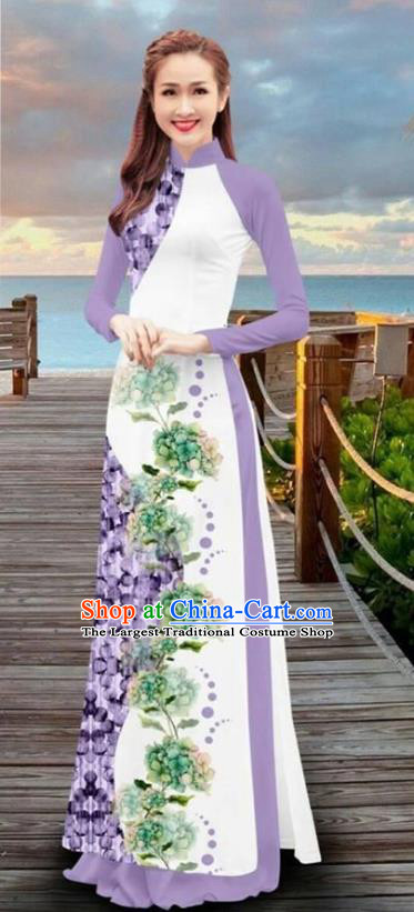 Asian Vietnam Printing Flowers Cheongsam Dress and Pants Traditional Vietnamese Costumes Classical Lilac Ao Dai Qipao for Women