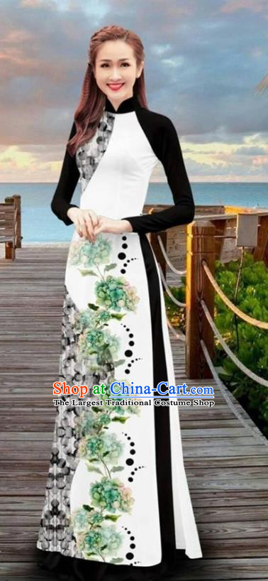 Asian Vietnam Printing Flowers Cheongsam Dress and Pants Traditional Vietnamese Costumes Classical Black Ao Dai Qipao for Women