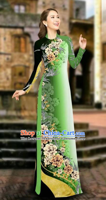 Asian Vietnam Cheongsam Dress and Pants Traditional Vietnamese Costumes Classical Printing Peony Olive Green Ao Dai Qipao for Women