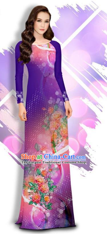 Asian Vietnam Printing Peony Cheongsam and Pants Traditional Vietnamese Female Costumes Classical Purple Ao Dai Qipao Dress