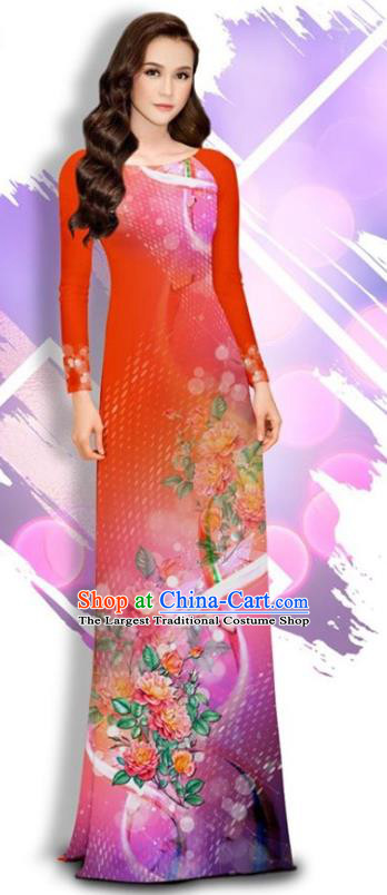 Asian Vietnam Printing Peony Cheongsam and Pants Traditional Vietnamese Female Costumes Classical Orange Ao Dai Qipao Dress