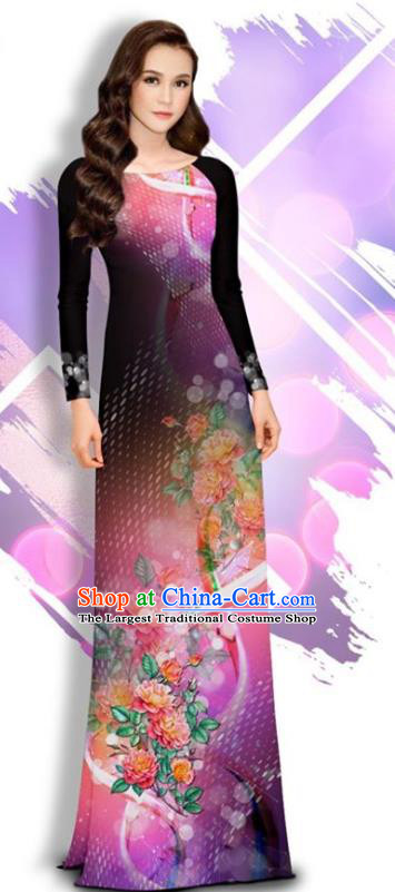 Asian Vietnam Printing Peony Cheongsam and Pants Traditional Vietnamese Female Costumes Classical Black Ao Dai Qipao Dress